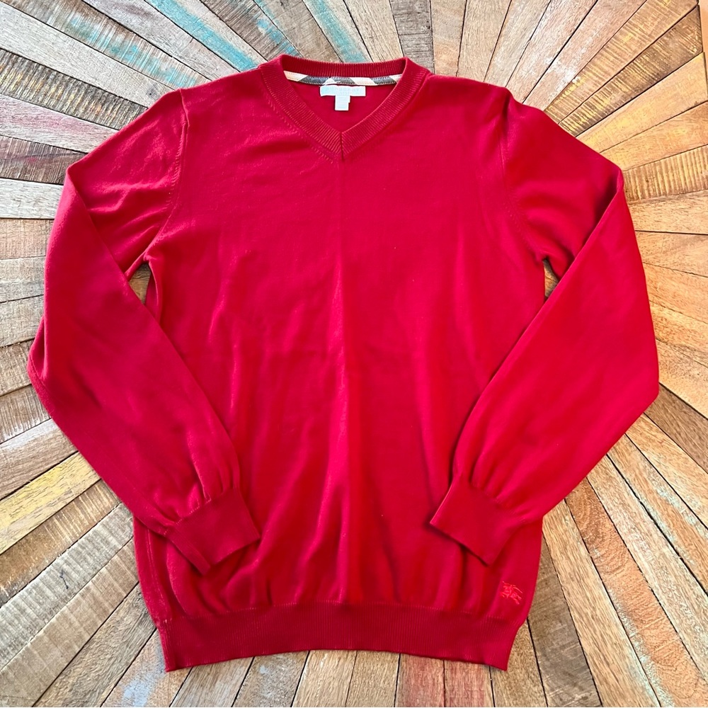 Burberry Red Cotton V Neck Sweater, Boys Size 12Y